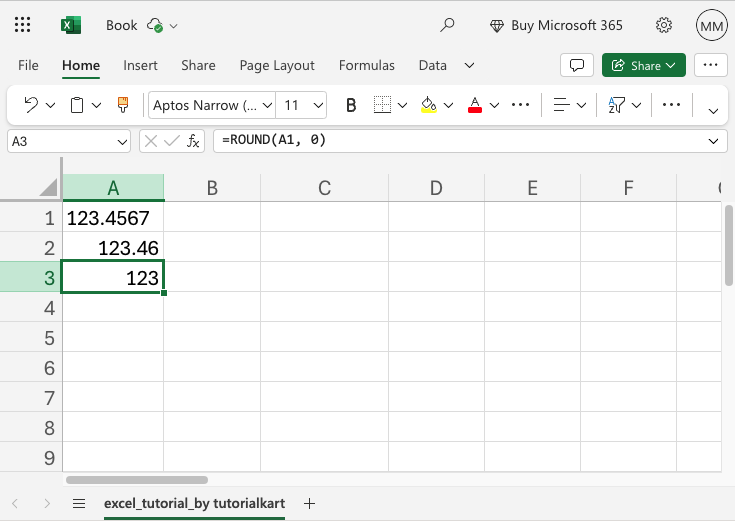 Using the ROUND Function to round to zero decimal places
